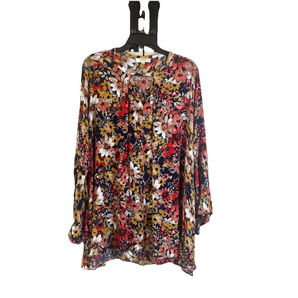 Umgee Mini Dress Womens 1XL Floral Print Flowy Tunic Keyhole Long Sleeves Blouse